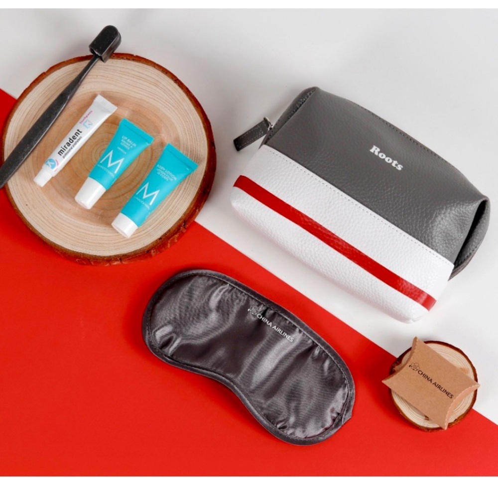 Roots x China airline amenity kit with Moroccan oil products